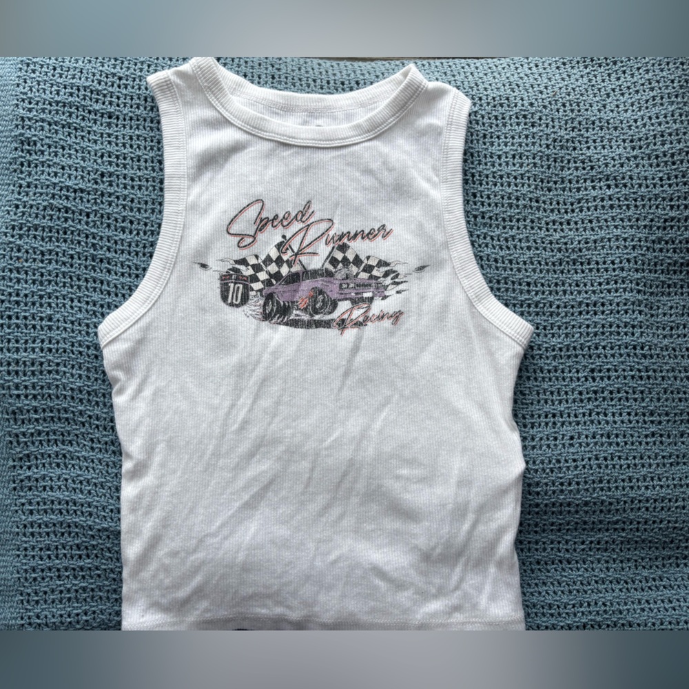 Ardene White Tank Top with Racing Graphic